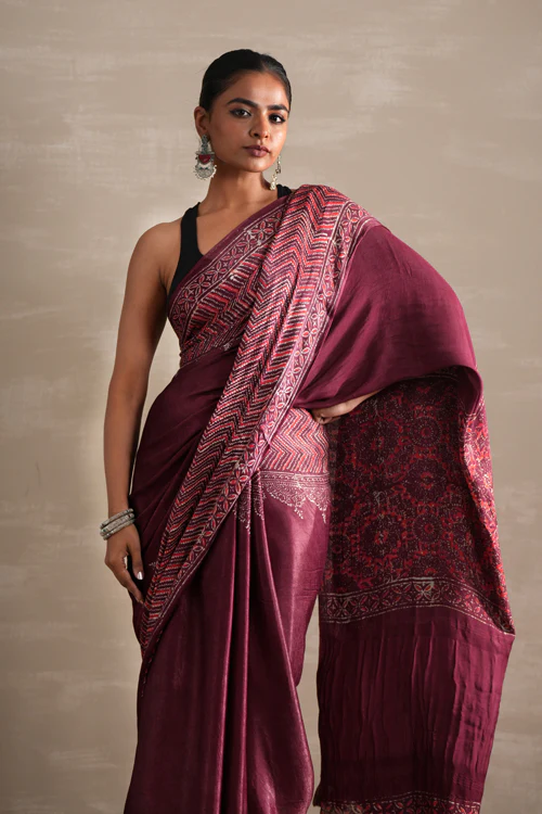 Sooti Syahi ' Vermilion Veil' Hand Block Printed Modal Tissue Saree - Image 3