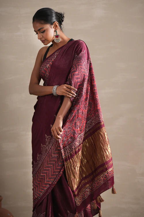 Sooti Syahi ' Vermilion Veil' Hand Block Printed Modal Tissue Saree - Image 4