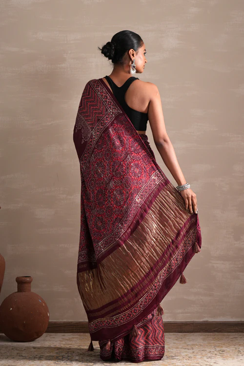 Sooti Syahi ' Vermilion Veil' Hand Block Printed Modal Tissue Saree - Image 5