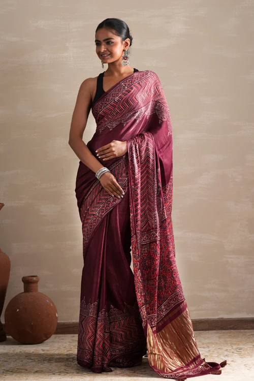 Sooti Syahi ' Vermilion Veil' Hand Block Printed Modal Tissue Saree - Image 6