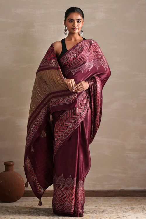 Sooti Syahi ' Vermilion Veil' Hand Block Printed Modal Tissue Saree - Image 7