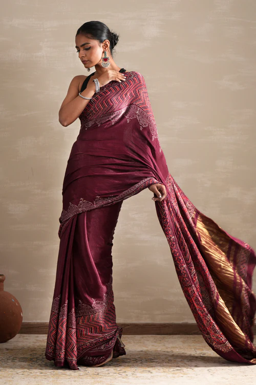 Sooti Syahi ' Vermilion Veil' Hand Block Printed Modal Tissue Saree - Image 9