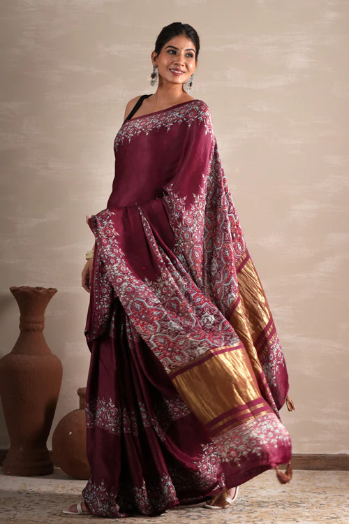 Sooti Syahi ' Wine Whisper' Hand Block Printed  Modal Tissue Saree - Image 3