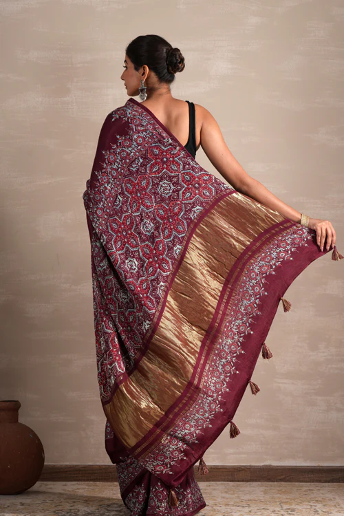 Sooti Syahi ' Wine Whisper' Hand Block Printed  Modal Tissue Saree - Image 4