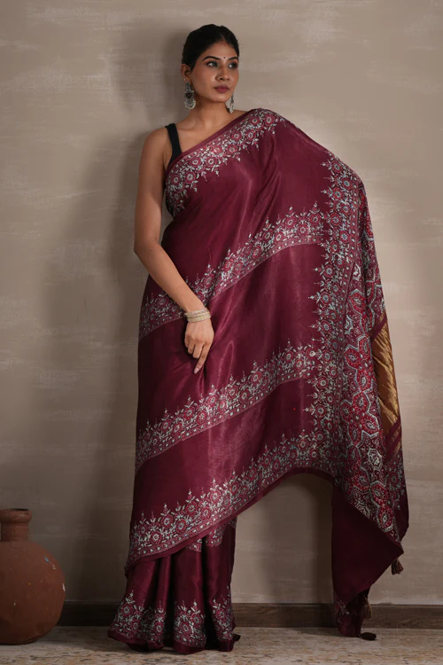 Sooti Syahi ' Wine Whisper' Hand Block Printed  Modal Tissue Saree - Image 5