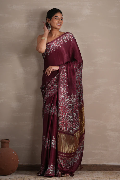 Sooti Syahi ' Wine Whisper' Hand Block Printed  Modal Tissue Saree - Image 7