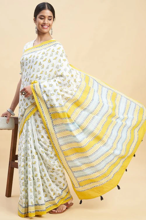 Sooti Syahi "Yellow Penguins" Block Printed Cotton Saree