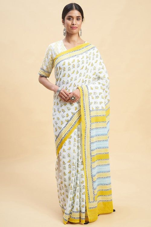 Sooti Syahi "Yellow Penguins" Block Printed Cotton Saree - Image 2