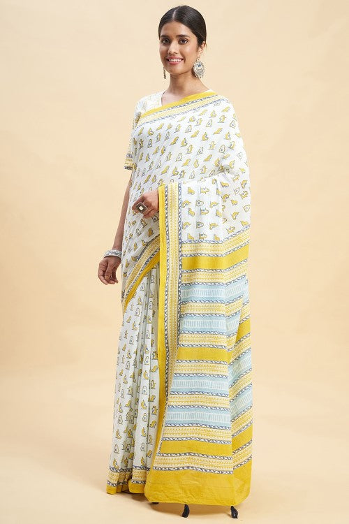 Sooti Syahi "Yellow Penguins" Block Printed Cotton Saree - Image 4