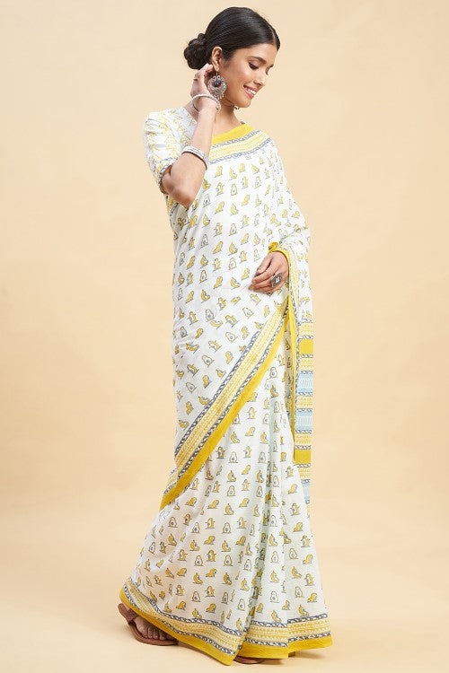 Sooti Syahi "Yellow Penguins" Block Printed Cotton Saree - Image 5
