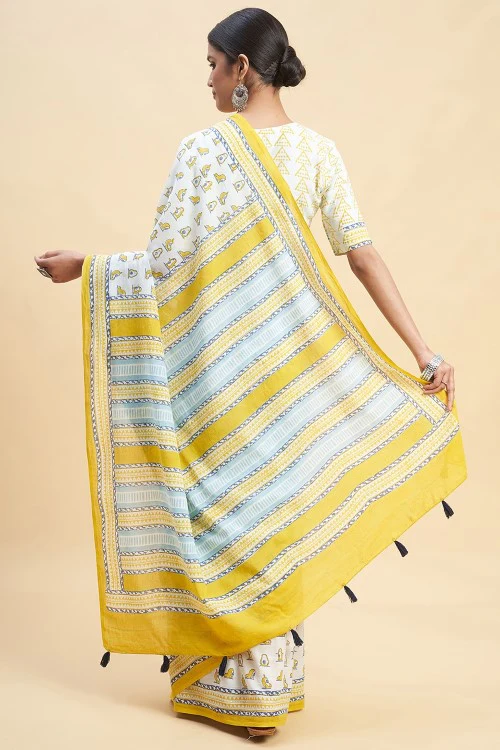 Sooti Syahi "Yellow Penguins" Block Printed Cotton Saree - Image 6