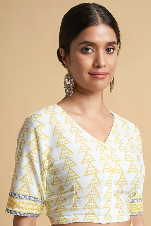 Sooti Syahi "Yellow Penguins" Block Printed Cotton Saree - Image 7