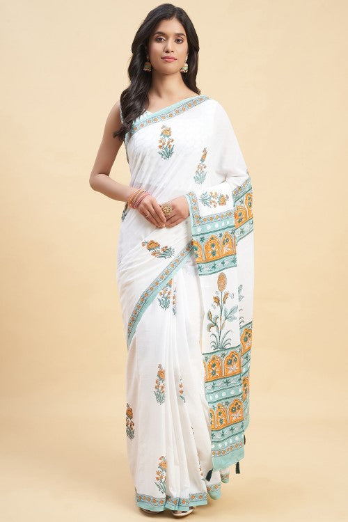 Sooti Syahi "Zinna Orange" Handblock Print Mul Cotton Saree - Image 2