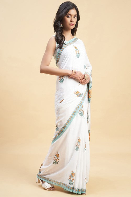 Sooti Syahi "Zinna Orange" Handblock Print Mul Cotton Saree - Image 3