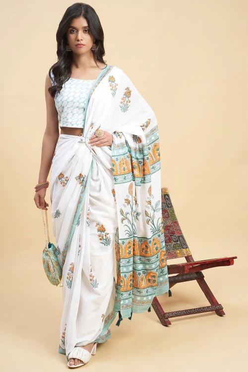 Sooti Syahi "Zinna Orange" Handblock Print Mul Cotton Saree - Image 4
