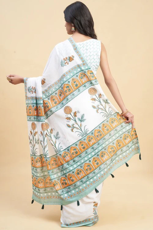Sooti Syahi "Zinna Orange" Handblock Print Mul Cotton Saree - Image 5