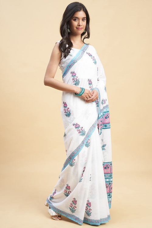 Sooti Syahi "Zinna Pink" Handblock Print Mul Cotton Saree