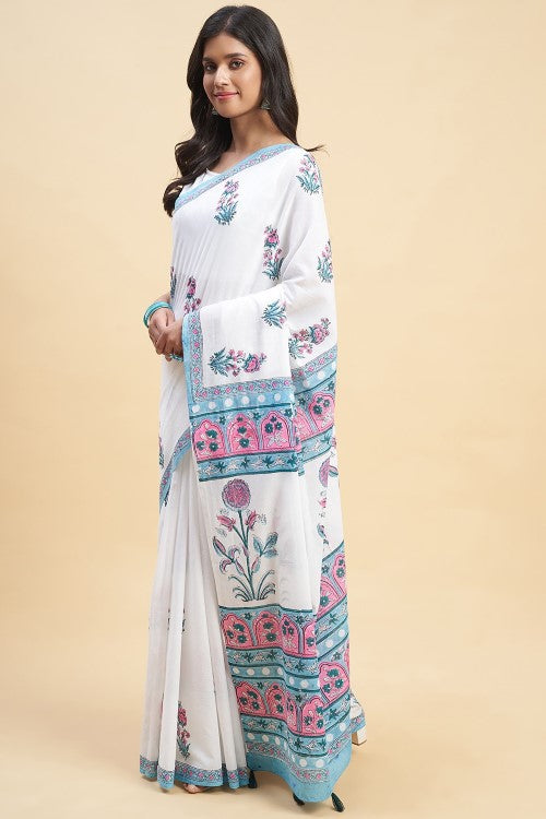 Sooti Syahi "Zinna Pink" Handblock Print Mul Cotton Saree - Image 3