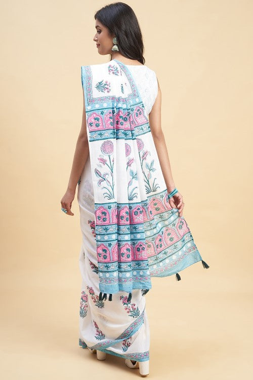 Sooti Syahi "Zinna Pink" Handblock Print Mul Cotton Saree - Image 5