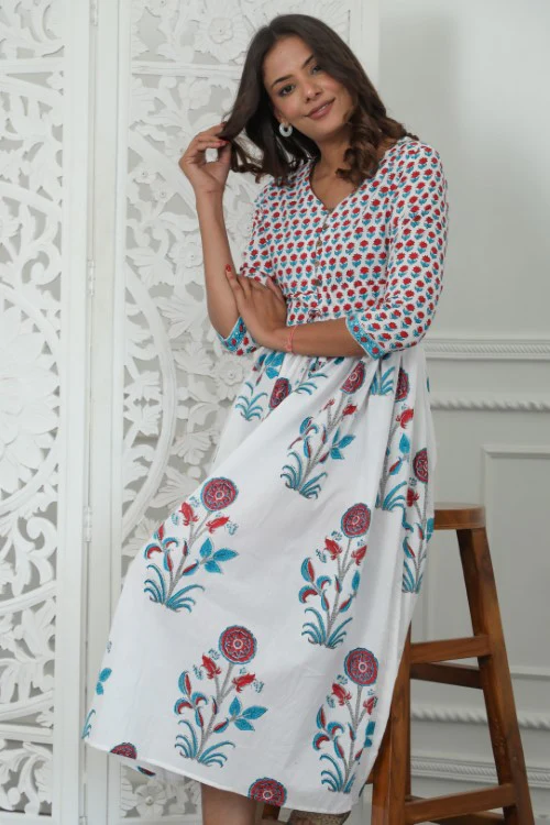 Sootisyahi ' Bloomix ' Azofree Handblock Printed Pure Cotton Dress - Image 3