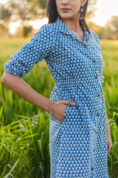 Sootisyahi 'Blue Bell' Azofree Handblock Printed Pure Cotton Dress - Image 3