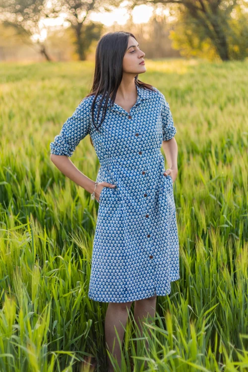 Sootisyahi 'Blue Bell' Azofree Handblock Printed Pure Cotton Dress - Image 4