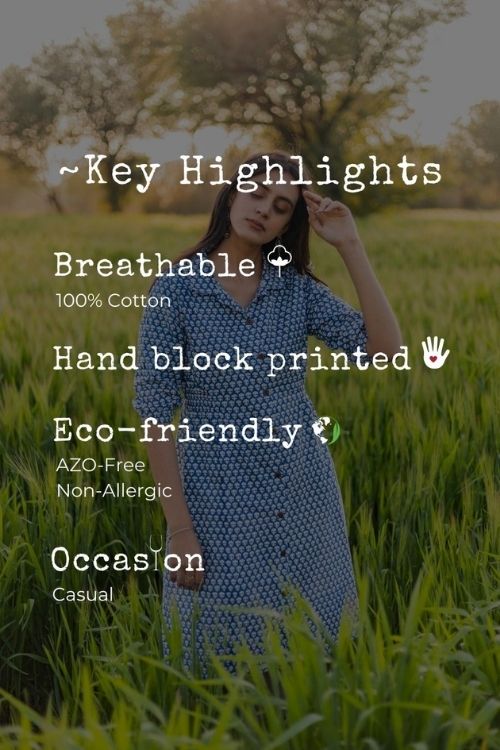 Sootisyahi 'Blue Bell' Azofree Handblock Printed Pure Cotton Dress - Image 6