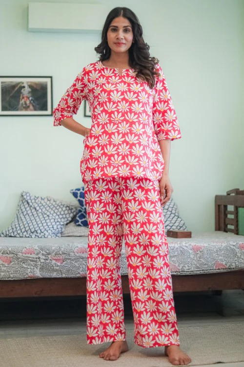 Sootisyahi 'Blush Floral' Handblock Printed Pure Cotton Night Suit - Image 2