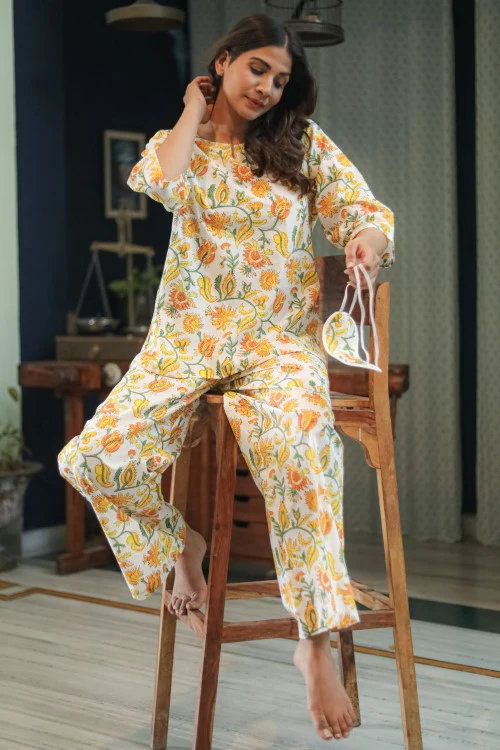 Sootisyahi ' Bright Bloom' Handblock Printed Pure Cotton Night Suit - Image 6