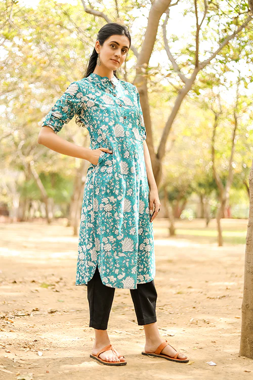 Sootisyahi 'Buds and Bushes' Azofree Handblock Printed Pure Cotton Kurti - Image 3