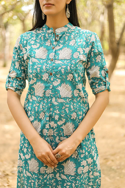 Sootisyahi 'Buds and Bushes' Azofree Handblock Printed Pure Cotton Kurti - Image 4