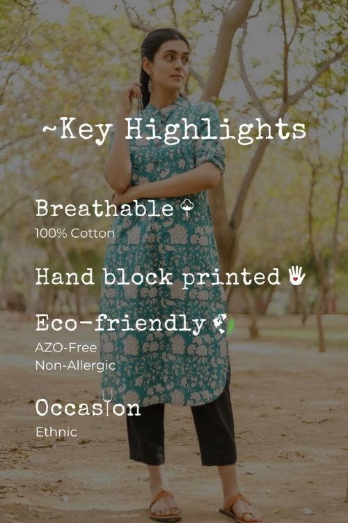 Sootisyahi 'Buds and Bushes' Azofree Handblock Printed Pure Cotton Kurti - Image 5