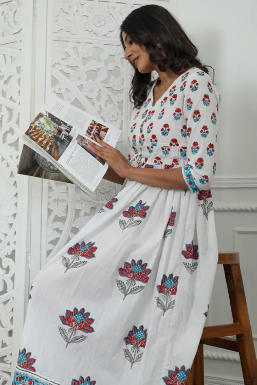 Sootisyahi ' Celeste ' Azofree Handblock Printed Pure Cotton Dress - Image 6