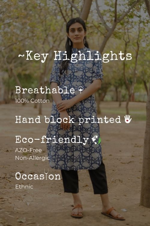 Sootisyahi 'Charm of the Sea' Azofree Handblock Printed Pure Cotton Kurti - Image 5