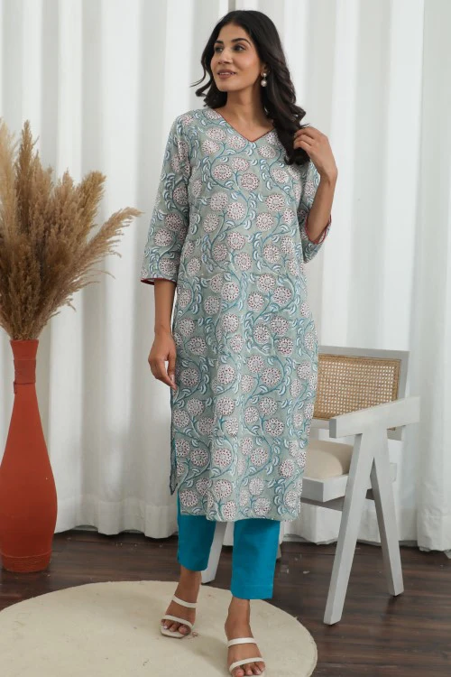 Sootisyahi ' Daisy Chain ' Azofree Handblock Printed Pure Cotton Kurti - Image 3