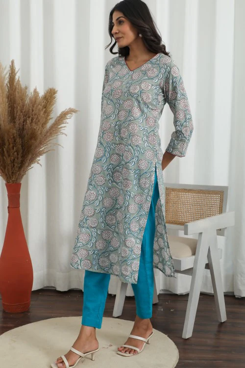 Sootisyahi ' Daisy Chain ' Azofree Handblock Printed Pure Cotton Kurti - Image 5