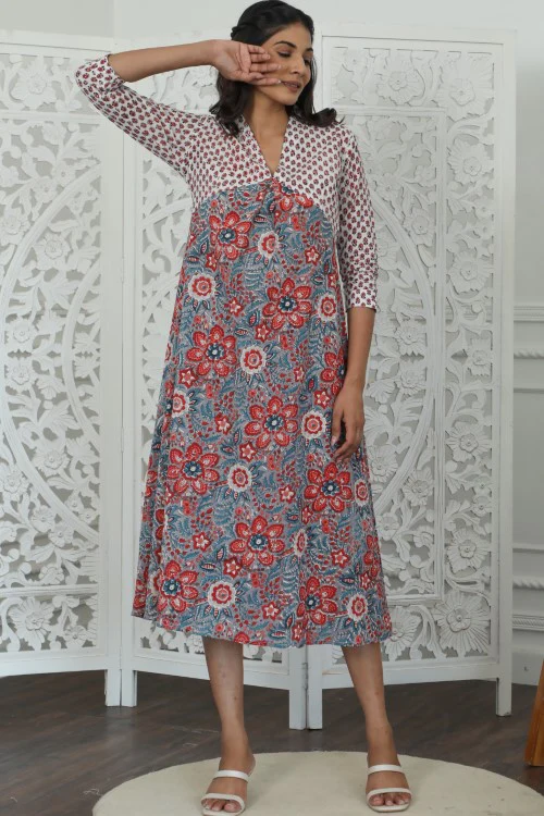 Sootisyahi ' Daisyana ' Azofree Handblock Printed Pure Cotton Dress - Image 3