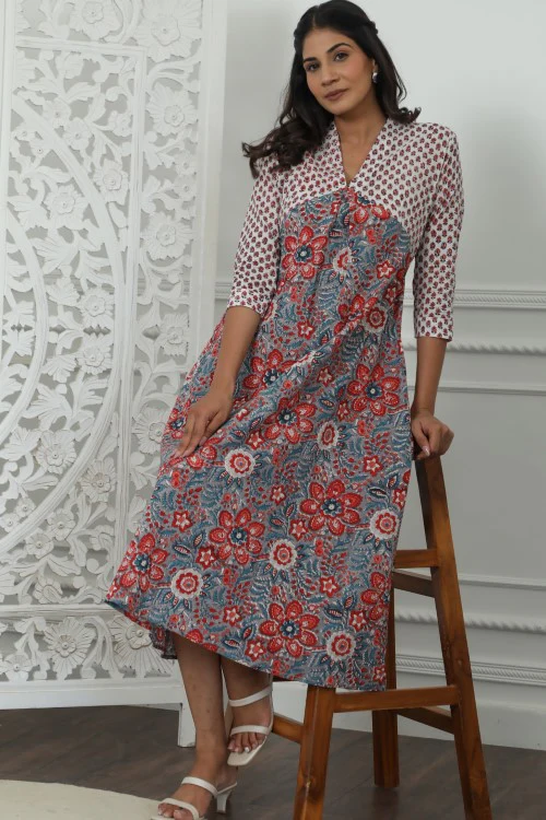 Sootisyahi ' Daisyana ' Azofree Handblock Printed Pure Cotton Dress - Image 7