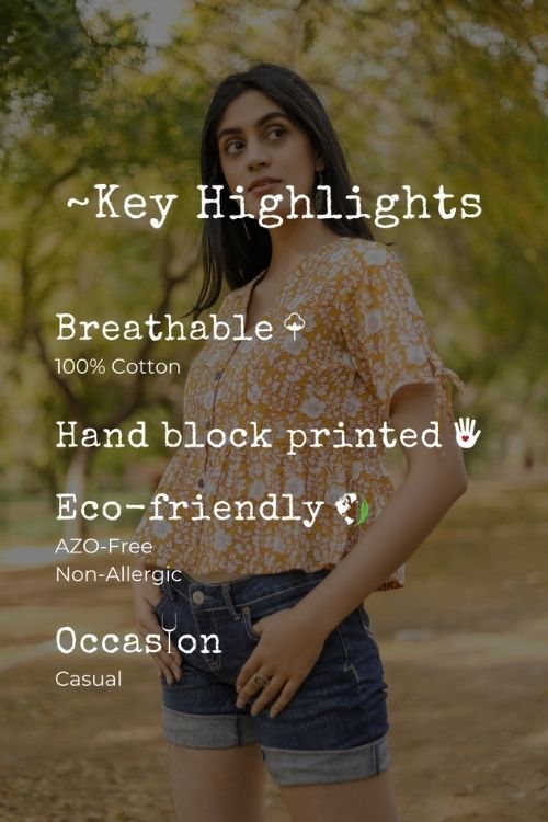 Sootisyahi 'Delighting Daffodils' Azofree Handblock Printed Pure Cotton Crop Top - Image 5
