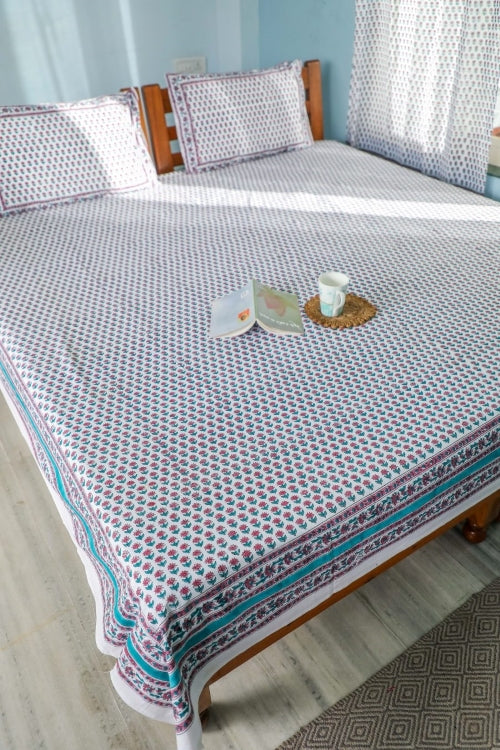 Sootisyahi 'Floral Dots' Handblock Printed Cotton Bedsheet - Image 3