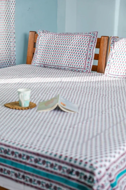 Sootisyahi 'Floral Dots' Handblock Printed Cotton Bedsheet - Image 4