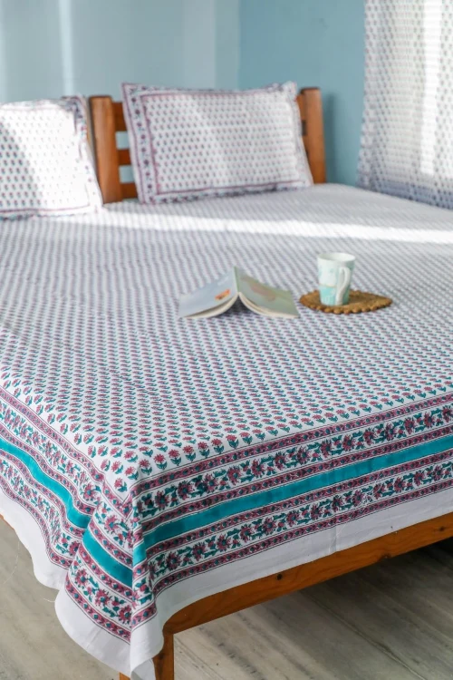 Sootisyahi 'Floral Dots' Handblock Printed Cotton Bedsheet - Image 5