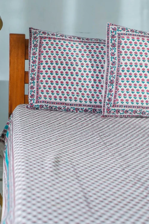Sootisyahi 'Floral Dots' Handblock Printed Cotton Bedsheet - Image 7