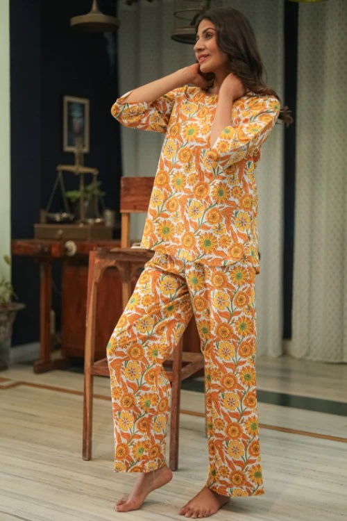 Sootisyahi 'Floral Escape' Handblock Printed Pure Cotton Night Suit - Image 3