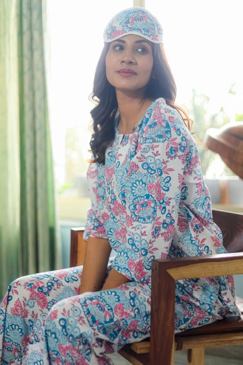 Sootisyahi 'Floral Fusion' Handblock Printed Pure Cotton Night Suit - Image 5