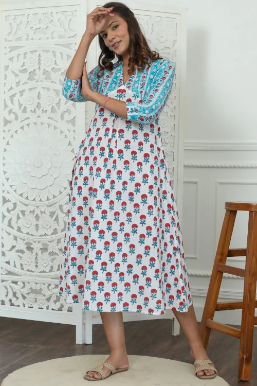 Sootisyahi ' Floralia ' Azofree Handblock Printed Pure Cotton Dress - Image 3
