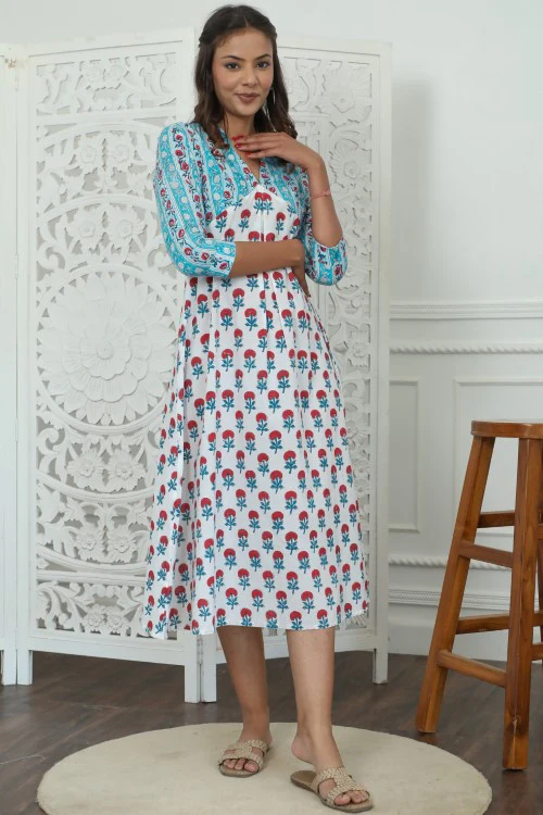 Sootisyahi ' Floralia ' Azofree Handblock Printed Pure Cotton Dress - Image 4