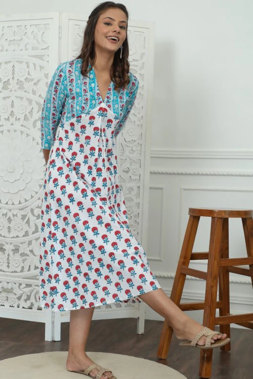Sootisyahi ' Floralia ' Azofree Handblock Printed Pure Cotton Dress - Image 5