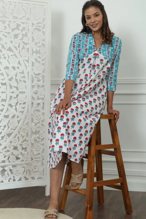 Sootisyahi ' Floralia ' Azofree Handblock Printed Pure Cotton Dress - Image 7