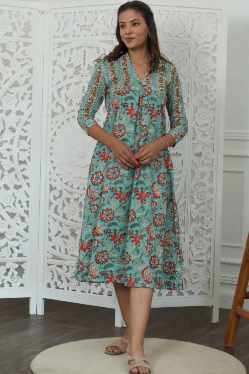Sootisyahi ' Floralix ' Azofree Handblock Printed Pure Cotton Dress